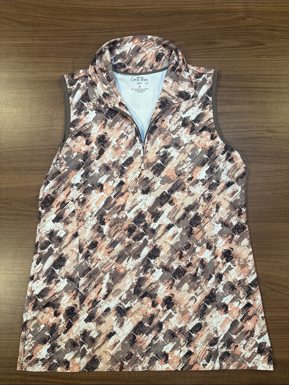 Coral Bay Sleeveless Zip-Front Tank in Peach, White & Brown Abstract Print